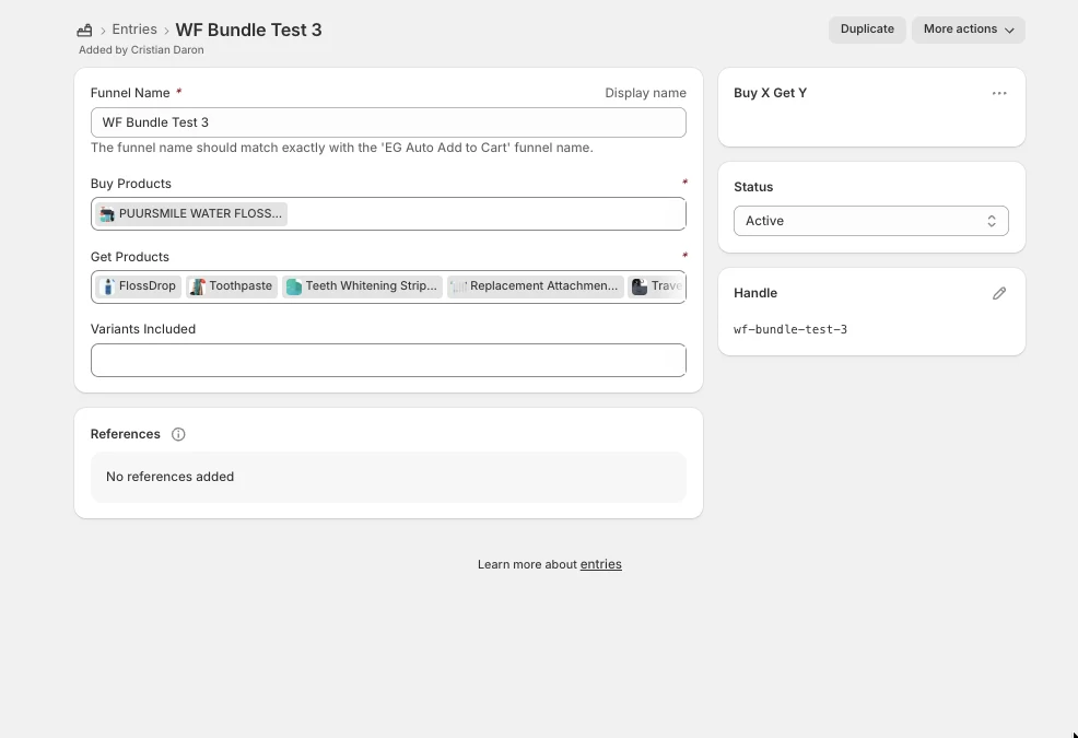 A Buy X Get Y offer set up in the Shopify admin: the funnel name, the trigger product and the gifts it adds