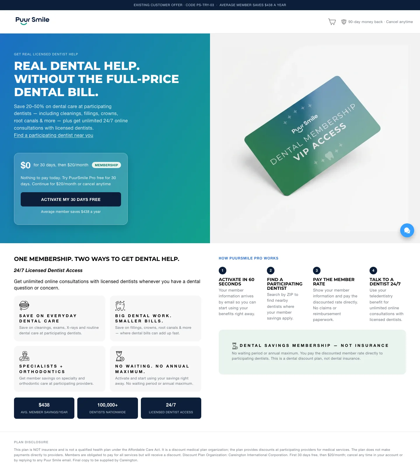 The Puur Smile dental plan trial page: $0 for 30 days, then $20 a month