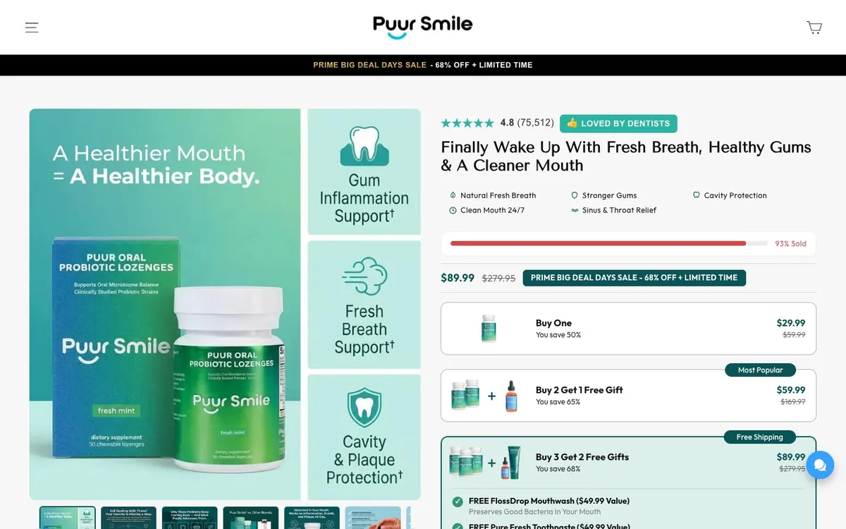 A Puur Smile product page on the live theme