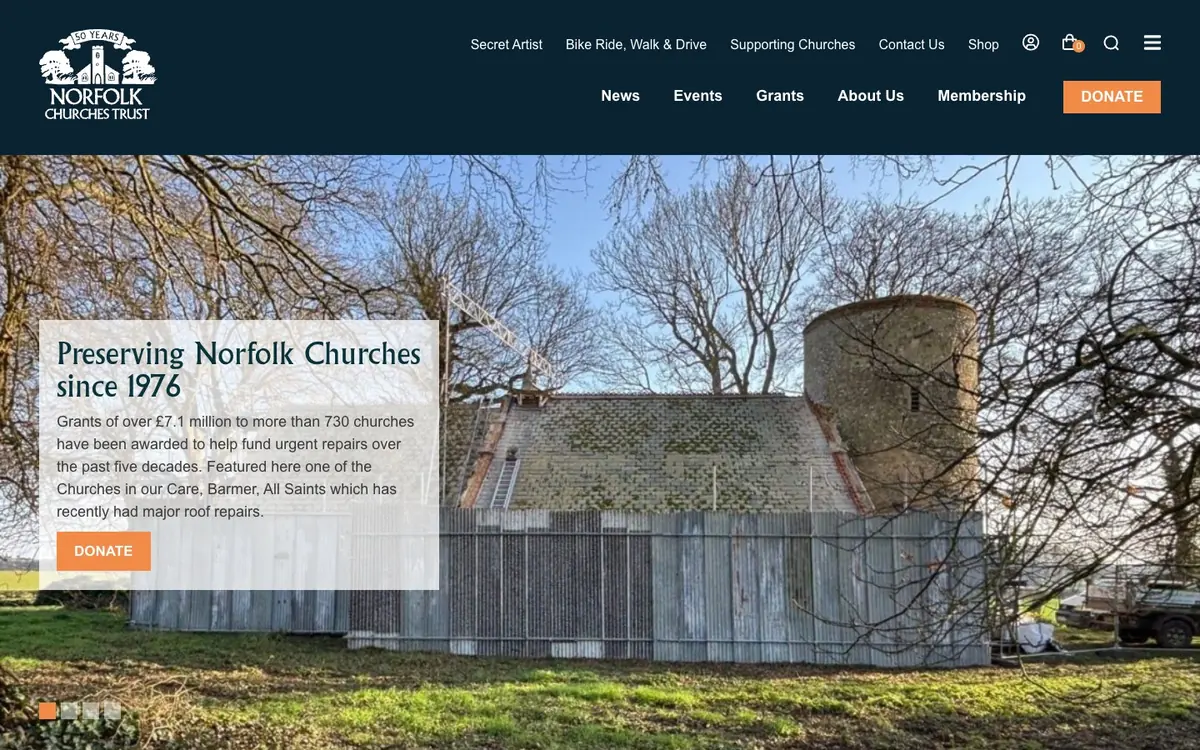 The Norfolk Churches Trust homepage, one of the WordPress sites on the care roster